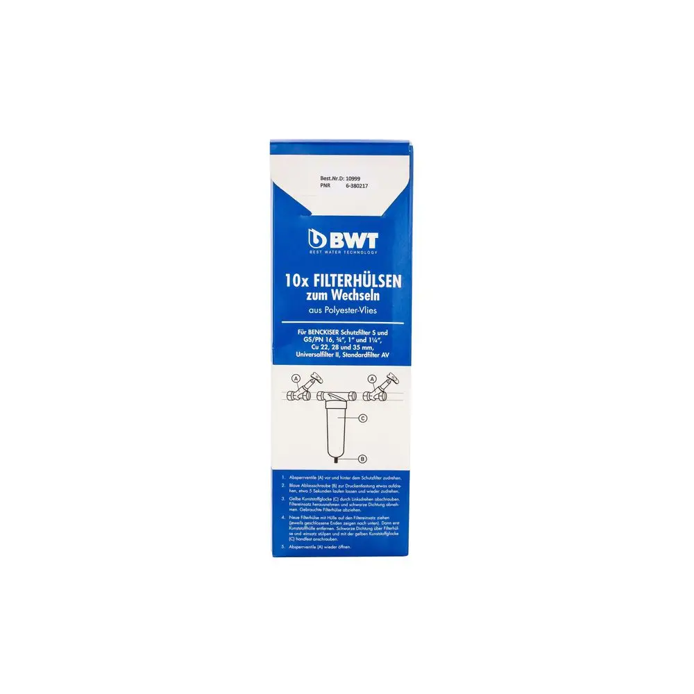 Verpackung mit 10 Filterhülsen aus Polyester-Vlies von BWT zum Wechseln, geeignet für bestimmte Schrumpfschläuche und universelle Filteranwendungen.